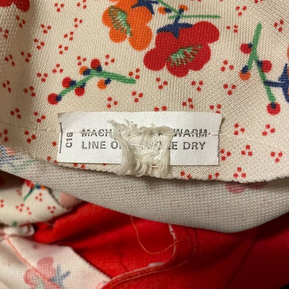 70s Vintage Groovy Marcia Brady Red Floral Knee Length Long Sleeve Dress M/L - Picture 5 of 5